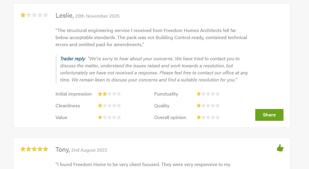 freedom homes trustatrader evidence